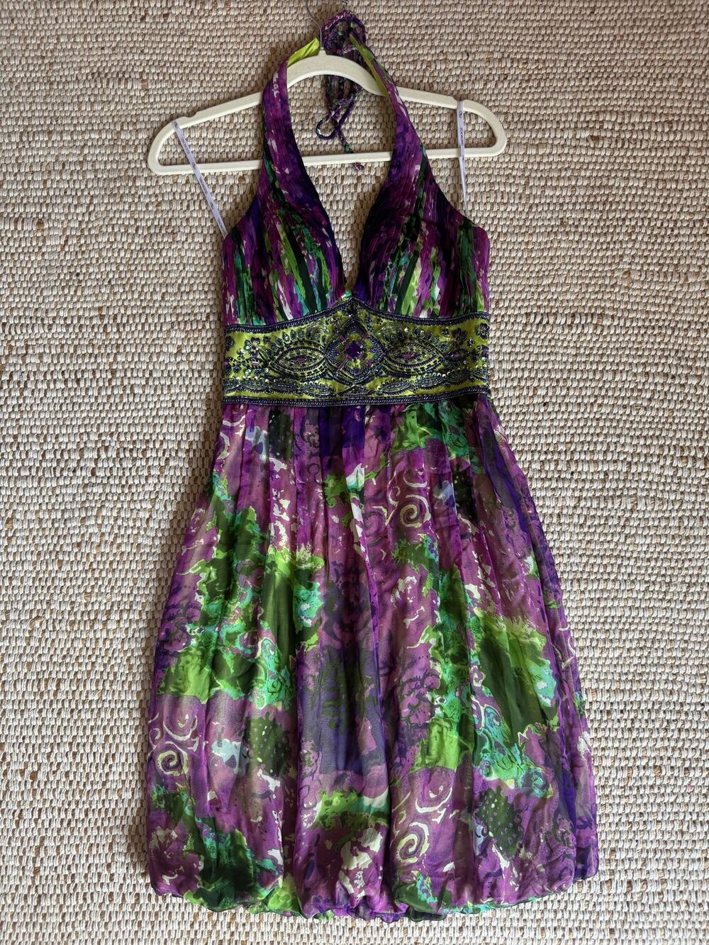Y2K Sue Wong 100% Silk Watercolor Abstract Fairycore Whimsigoth Beaded Dress 2